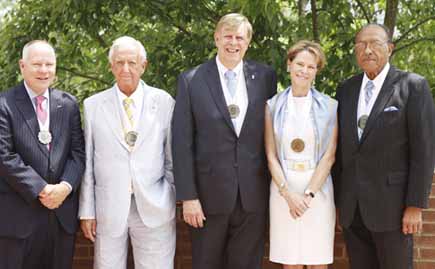 From left, W. Lowry Caudill ’79, Dr. Hugh A. McAllister Jr. ’66 (MD), Donald W. Curtis ’63, Julia Sprunt Grumbles ’75 and Henry E. Frye ’59 (JD).