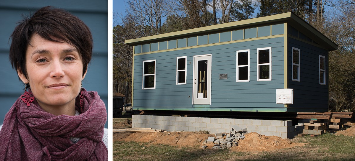 Left: Rebecca Sorensen ’15 (MSW). Right: The “tiny house” movement is catching on in lots of places, and the people at Penny Lane believe it offers a workable solution for those with mental illnesses for whom apartment rent exceeds their income, forcing many onto the streets. The challenges are many: zoning rules that vary by location, road improvement requirements and transportation. But a 336-square-foot house such as this one, pictured at left, just up the hill from the farm’s greenhouses, is expected to cost a client just $250 a month, utilities included. It was built by volunteer contractors in front of the public at the Chatham County Fair. Several clients will take turns trying it out, and their feedback will be used to tweak the program as Penny Lane works toward a community of 10 houses — and toward spreading the model to other communities. When three chocolate Labradors (opposite page) recently left Penny Lane for their formal training at a West Virginia prison, two yellow Labs took their place. Thava Mahadevan wants to get a service dog training program started at Central Prison in Raleigh. Photos by Jason D. Smith '4