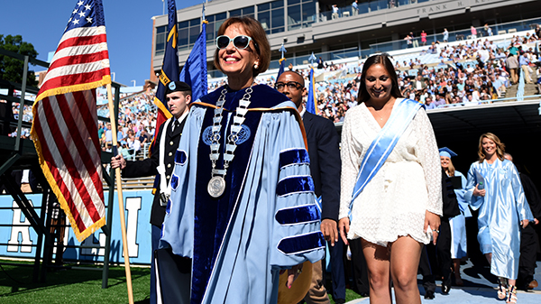 Chancellor Carol L. Folt enters Kenan Stadium at the University of North Carolina at Chapel Hill during the annual Spring Commencement on May 14, 2017. Chancellor Carol L. Folt presided over the ceremony. CNN News Anchor Brooke Baldwin ('01) delivered the Commencement address. (Melanie Busbee/UNC-Chapel Hill).