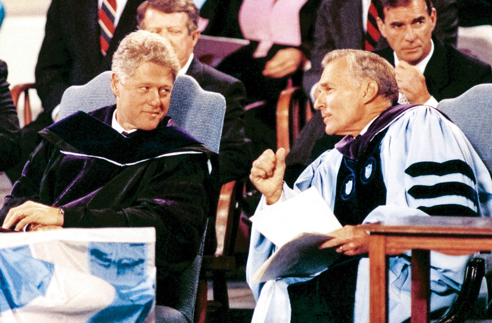 President Bill Clinton speaks with UNC Chancellor Paul Hardin during the University of North Carolina Bicentennial celebration October 12, 1993. (Photo by Dan Sears/UNC-Chapel Hill)